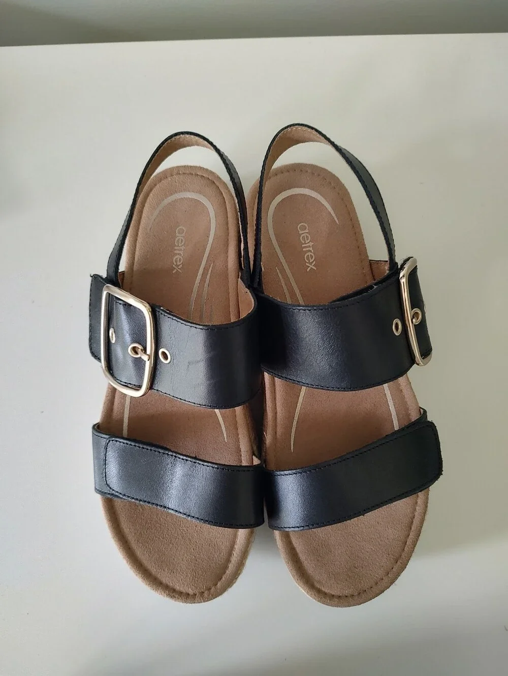 Aetrex Vania Black Leather Arch Support Espadrille Platform Wedge Sandal Size 7